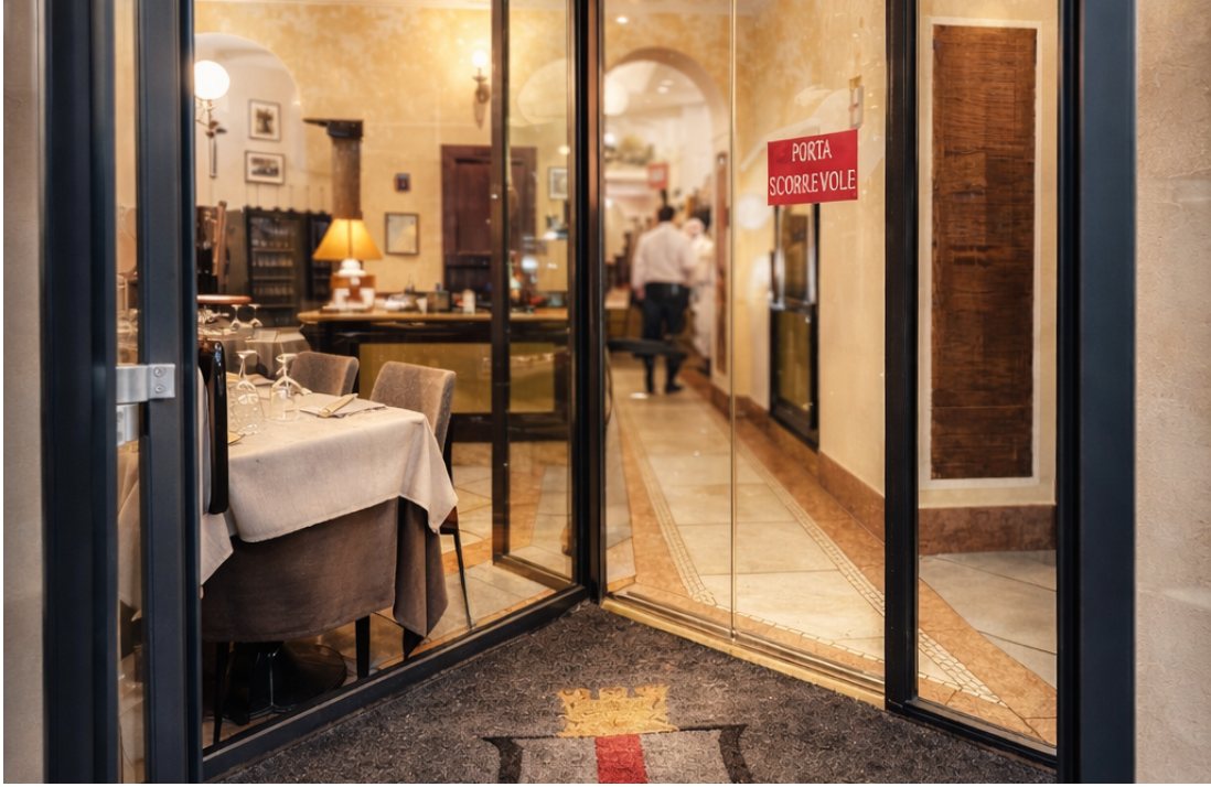 L’ingresso elegante del ristorante Cecco con la sala sullo sfondo