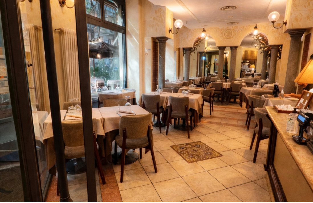 La sala del ristorante Cecco a Milano, tavoli apparecchiati e atmosfera classica
